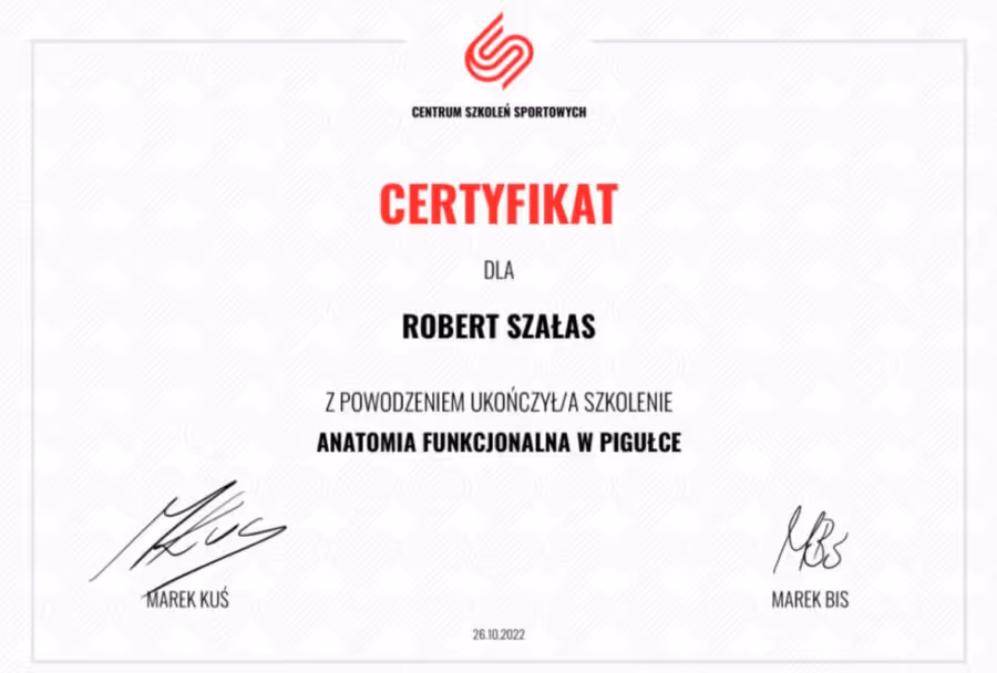 Certyfikat Centrum Szkoleń Sportowych dla Roberta Szałasa za ukończenie kursu z anatomii funkcjonalnej w pigułce.