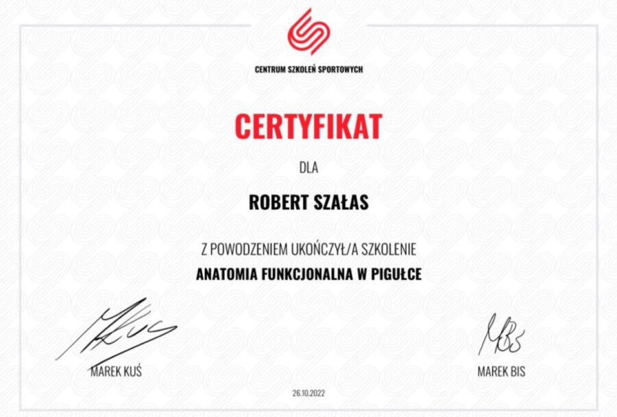 Certyfikat Centrum Szkoleń Sportowych dla Roberta Szałasa za ukończenie kursu z anatomii funkcjonalnej w pigułce.