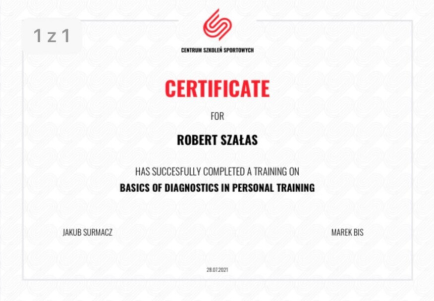 Certyfikat Centrum Szkoleń Sportowych dla Roberta Szałasa za ukończenie kursu z diagnostyki w treningu personalnym.