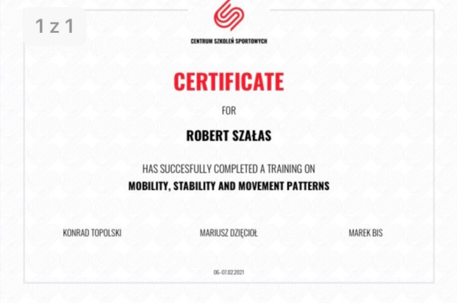 Certyfikat Centrum Szkoleń Sportowych dla Roberta Szałasa za ukończenie kursu z mobilności, stabilności i wzorców ruchowych.