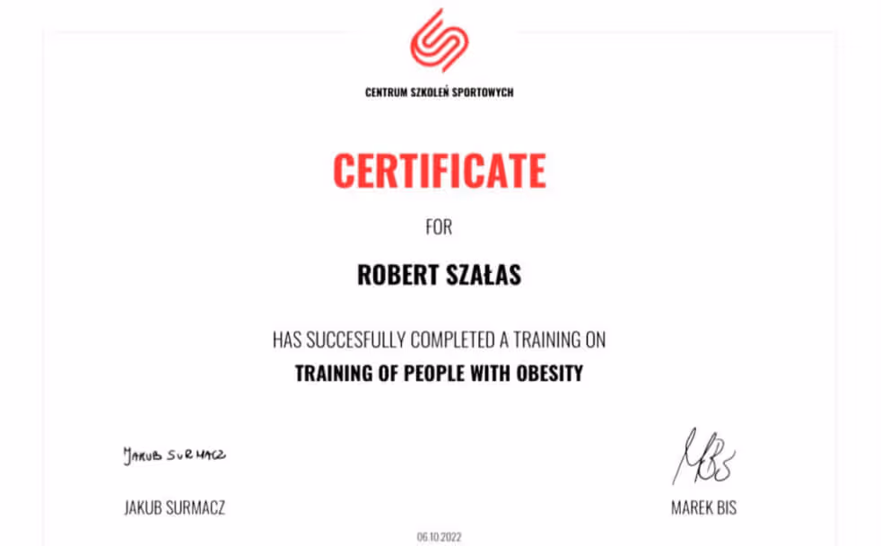 Certyfikat Centrum Szkoleń Sportowych dla Roberta Szałasa za ukończenie kursu z treningu osób z otyłością lub nadwagą.