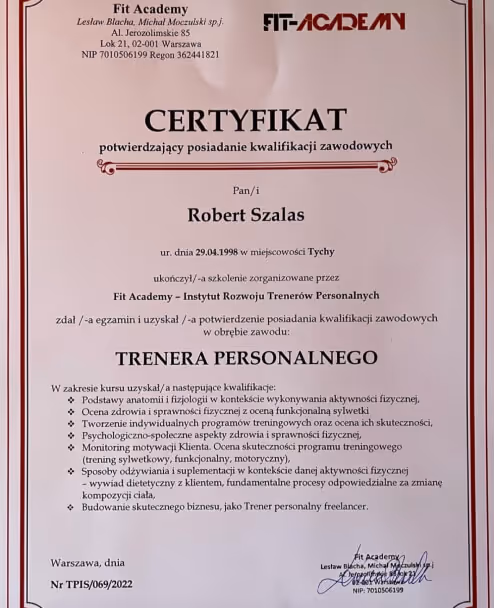 Certyfikat Fit Academy dla Roberta Szałasa za ukończenie kursu z zawodu trenera personalnego.