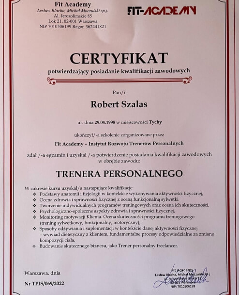 Certyfikat Fit Academy dla Roberta Szałasa za ukończenie kursu z zawodu trenera personalnego.