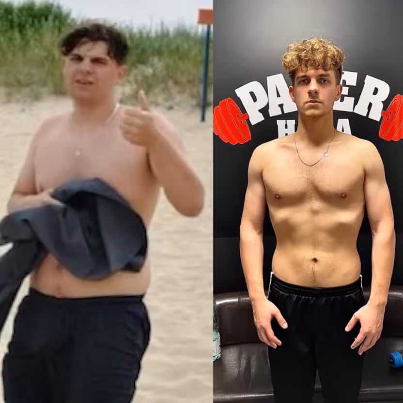 Kacper po kilku miesiącach treningów, z wyraźną utratą wagi i poprawioną sylwetką, prezentuje efekty swojej transformacji.