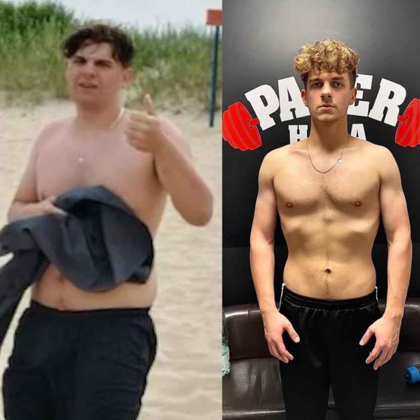 Kacper po kilku miesiącach treningów, z wyraźną utratą wagi i poprawioną sylwetką, prezentuje efekty swojej transformacji.