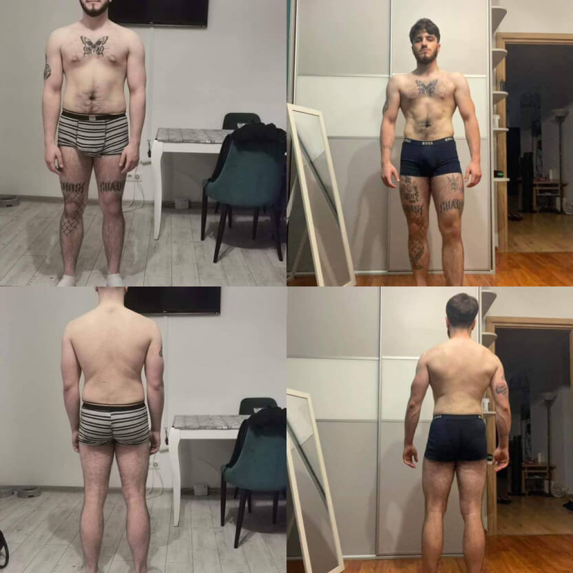 Maciek przed i po utracie 10 kilogramów wagi, z lepiej zarysowanymi mięśniami.