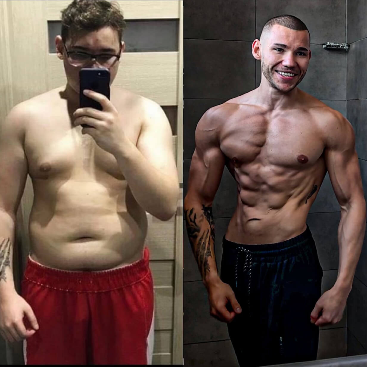 5-letnia transformacja trenera Roberta Szałasa – po lewej stronie z nadwagą, po prawej z umięśnioną i wyrzeźbioną sylwetką.
